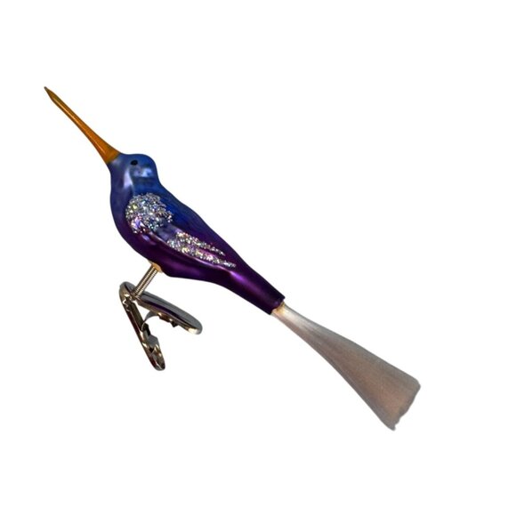 Blown Glass Hummingbird Clip Ornament Purple Blue Orange Spun Glass Tail 5.5 In - Picture 5 of 6